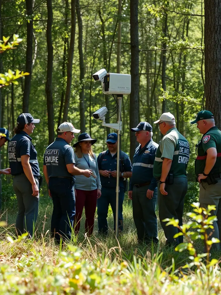 A photo of SOCIETE DE CHASSE D'EMPURE members working with local authorities to set up anti-poaching surveillance equipment in a protected area.