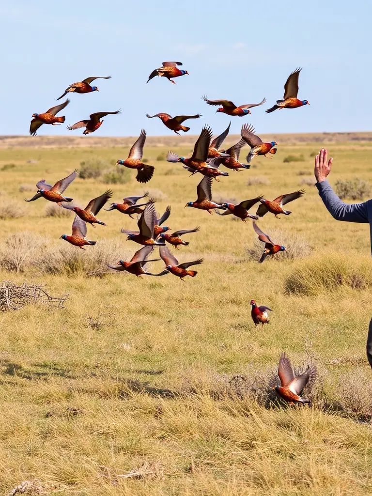 A photograph depicting volunteers releasing a group of pheasants into a managed habitat, showcasing the breeding program activity of SOCIETE DE CHASSE D'EMPURE.