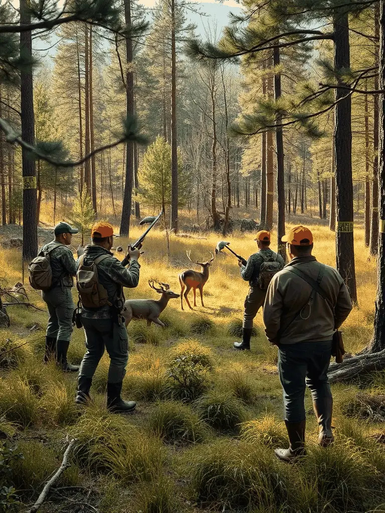 An image of hunters participating in a regulated hunt, emphasizing safety and adherence to sustainable hunting practices.