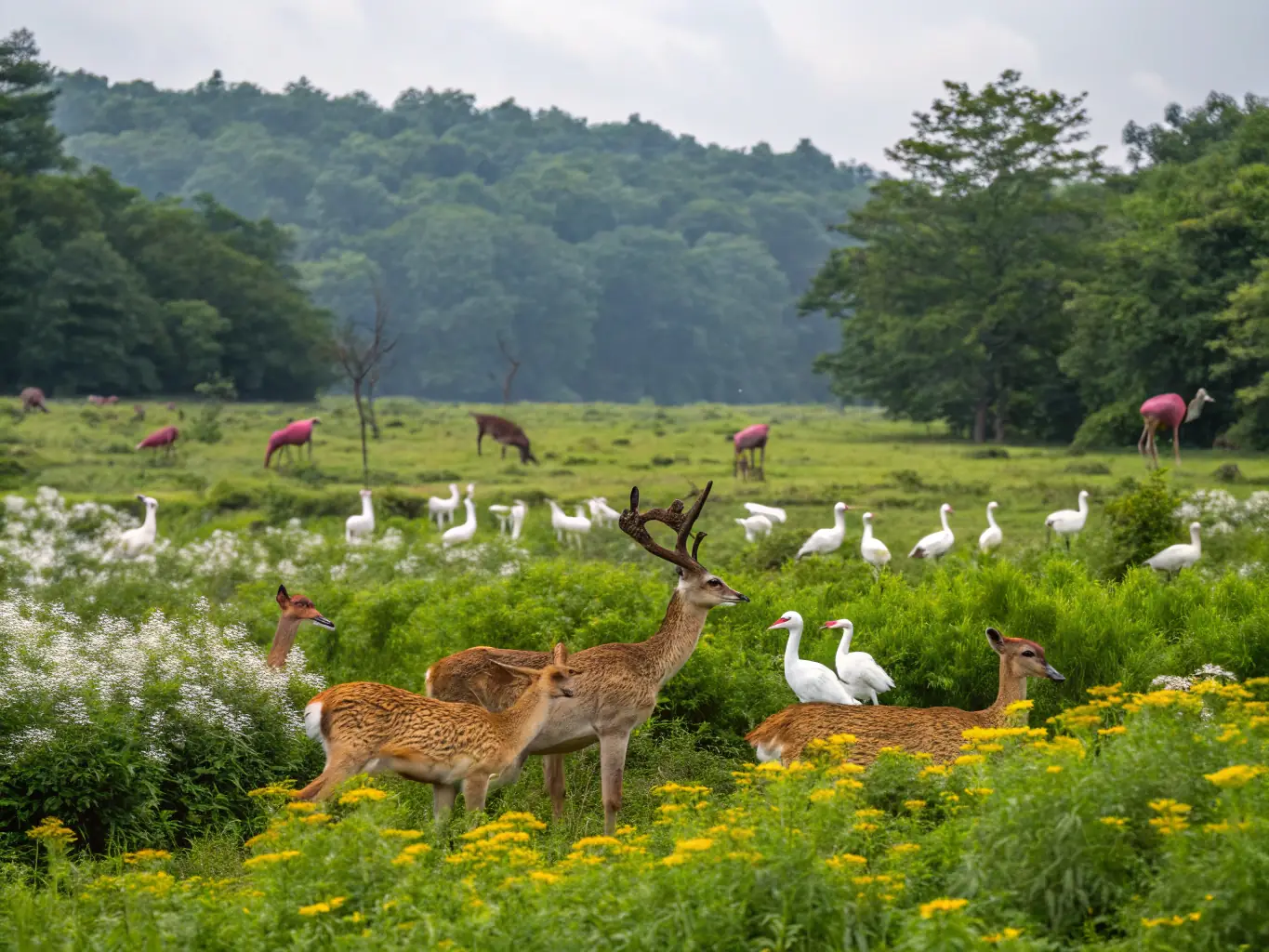 A vibrant image of local wildlife in their natural habitat, showcasing diverse species thriving in protected areas, symbolizing the success of the Wildlife Conservation Program.