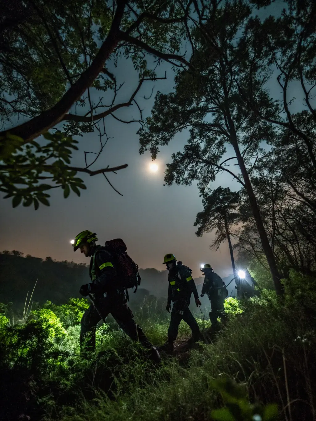 A determined anti-poaching unit patrolling a forest at night, equipped with night-vision goggles and protective gear.