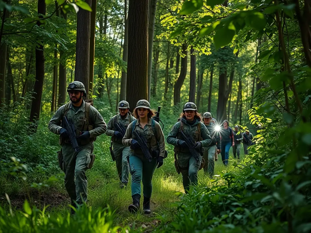 A photograph of volunteers working together to prevent poaching, highlighting the organization's efforts to combat illegal hunting and protect endangered species.