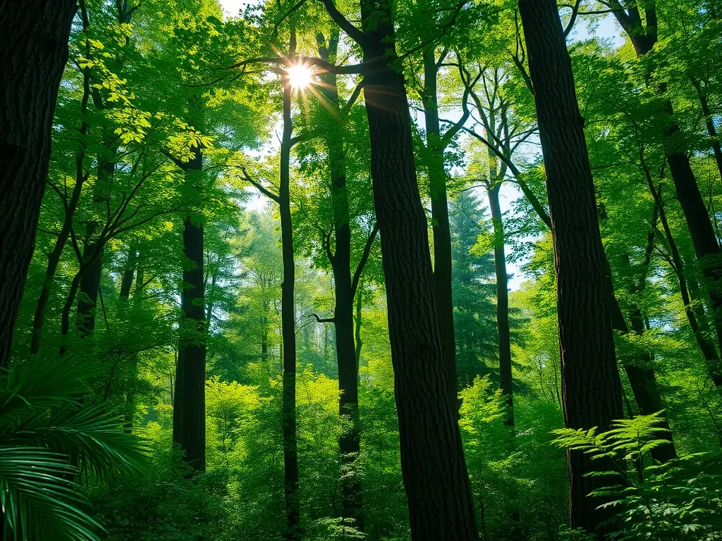 A scenic view of a lush forest with diverse wildlife, symbolizing the organization's commitment to wildlife conservation and habitat preservation.