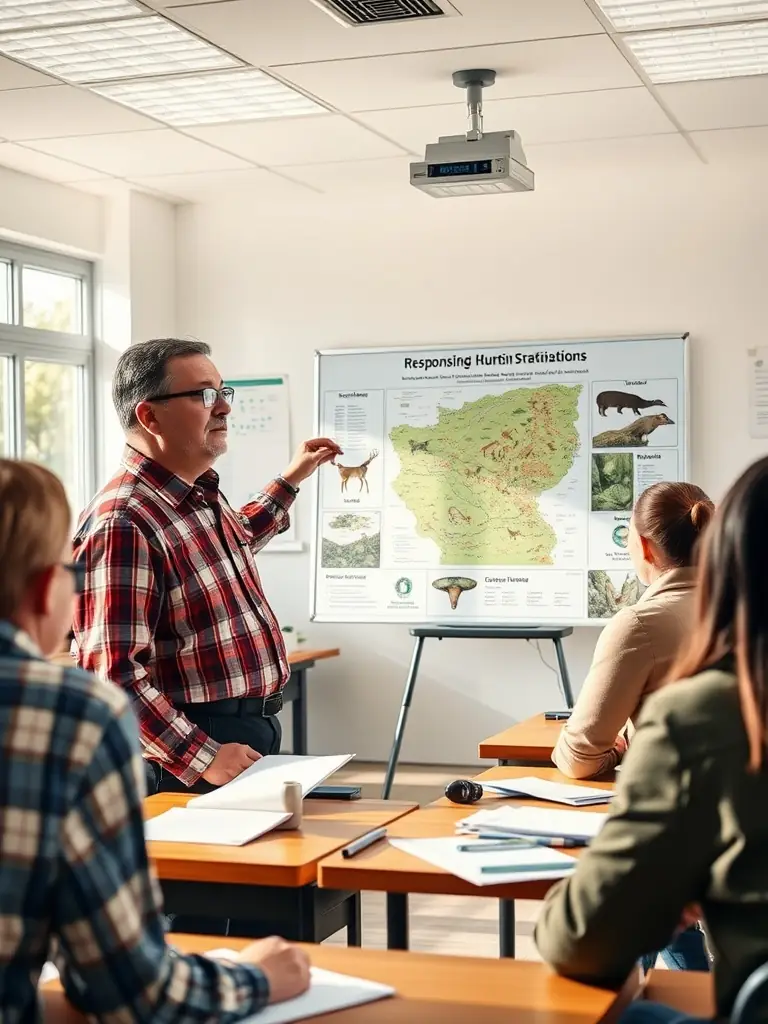 An image of a SOCIETE DE CHASSE D'EMPURE member educating young hunters on responsible hunting practices and wildlife management.