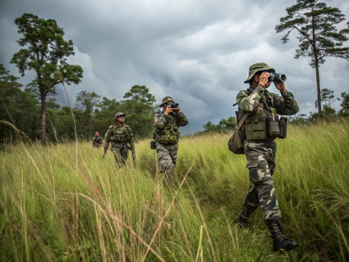 A photo of anti-poaching patrols in action, equipped with surveillance gear in a forested area, highlighting the Poaching Prevention Initiative.